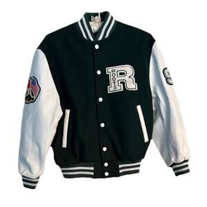 Roots Youth XL Varsity Jacket Green/White USA/Canada Flags Wool Blend/Leather